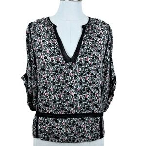 Zadig & Voltaire Womens Blouse XS Floral Print‎ Top V-Neck 3/4 Sleeve Black Trim